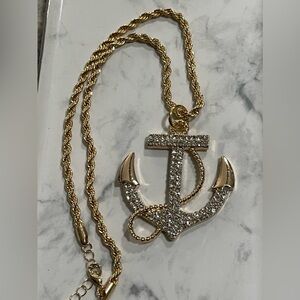 Gold Color Rhinestone Anchor Necklace New